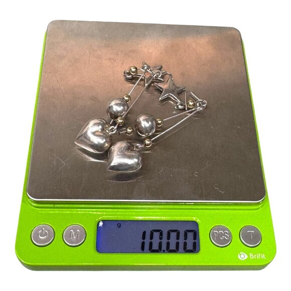 Modernist Signed SU Sterling Silver 925 Heart & Star Dangle Earrings Celestial - Picture 6 of 6